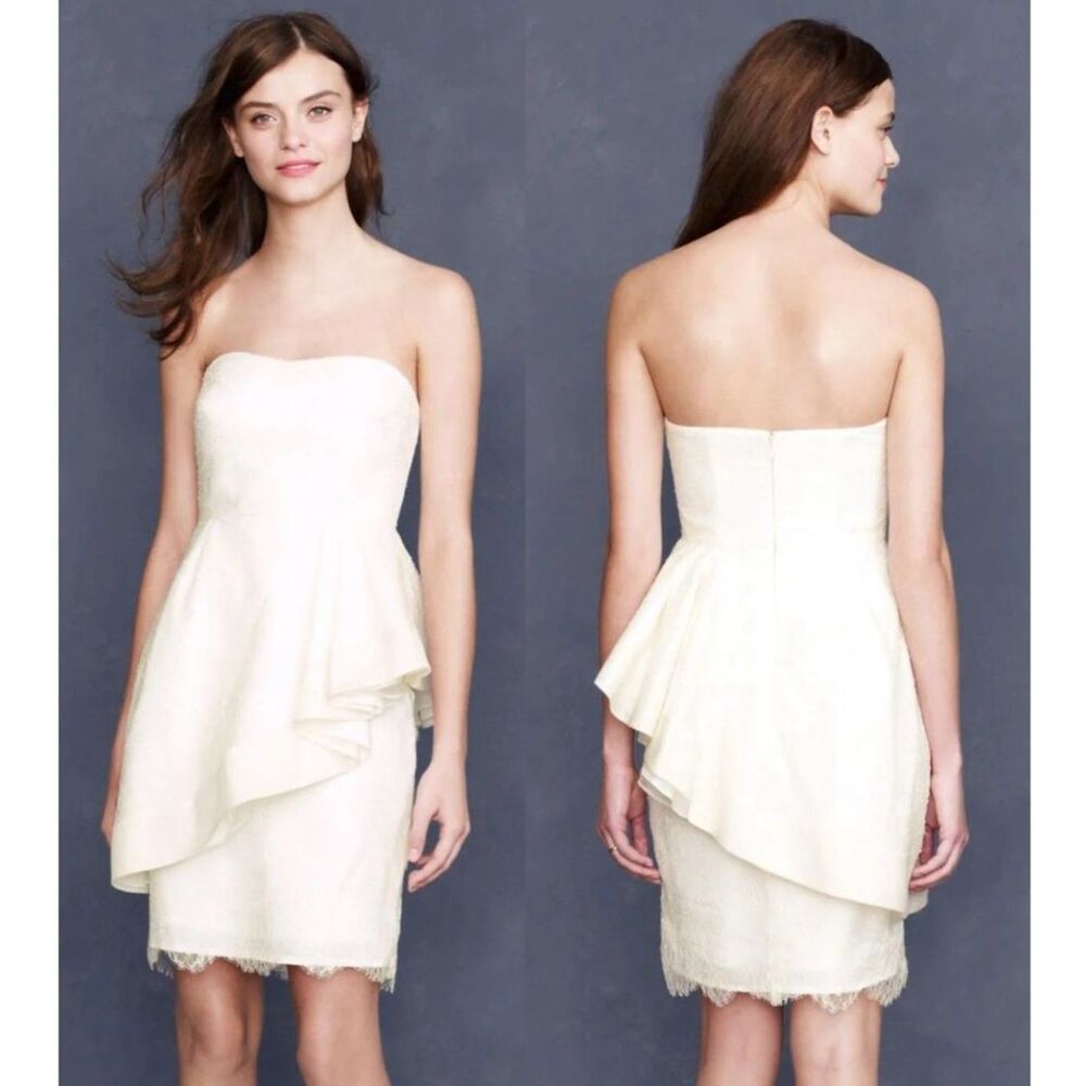 JCrew Cha Cha White Lace Strapless Mini Dress Sz 6 Bridal Asymmetric Ruffle Silk